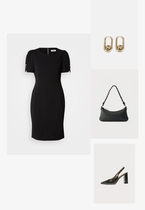 Vestido negro con una silueta ajustada, mangas cortas abullonadas y acentos decorativos en dorado. Presenta una cremallera en la parte posterior y una tela suave y texturizada.; Zapato de mujer slingback de piel negra con puntera puntiaguda y tacón alto grueso de bloque sobre fondo blanco.; Bolso de hombro de cuero negro con forma rectangular curvada, cadena dorada entrelazada en una correa negra trenzada y cierre superior con cremallera.; BOSS DOUBLE B SWING - Pendientes - gold-coloured