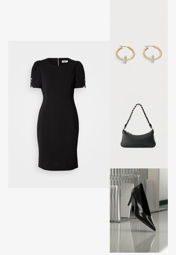 Vestido negro con una silueta ajustada, mangas cortas abullonadas y acentos decorativos en dorado. Presenta una cremallera en la parte posterior y una tela suave y texturizada.; Zapato de tacón alto negro con punta afilada y logo dorado, colocado sobre una superficie reflectante cerca de un organizador de archivos de alambre cromado con documentos.; Bolso de hombro de cuero negro con forma rectangular curvada, cadena dorada entrelazada en una correa negra trenzada y cierre superior con cremallera.; Par de pendientes de aro en tono dorado con pequeño detalle de aro en tono plateado en cada uno, expuestos sobre un fondo gris claro.