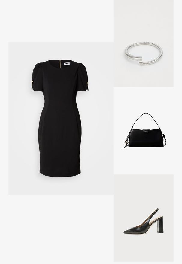 Vestido negro con una silueta ajustada, mangas cortas abullonadas y acentos decorativos en dorado. Presenta una cremallera en la parte posterior y una tela suave y texturizada.; Zapato slingback de piel negra con puntera puntiaguda, tacón alto y ancho, y forro interior beige sobre un fondo claro y liso.; Bolso rectangular negro de Calvin Klein con una única correa superior, dije con el logo plateado y un pequeño cierre de solapa en la parte frontal.; Calvin Klein SPIRAL - Pulsera - silver-coloured