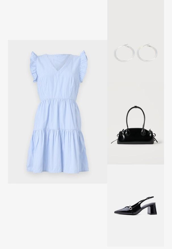 Robe rayée bleu clair avec un col en V, des manches courtes à volants, une taille cintrée et une jupe à volants. Fabriquée dans un tissu doux et léger.; Escarpin à bride arrière en cuir verni noir, bout pointu, petit talon bloc bas, avec deux petites boucles argentées sur les brides.; Petit sac à main noir brillant avec deux longues anses et des détails à cordon sur les côtés sur un fond clair uni.; Paire de boucles d'oreilles créoles argentées brillantes avec fermoirs en fil fin, présentée sur un fond gris clair.