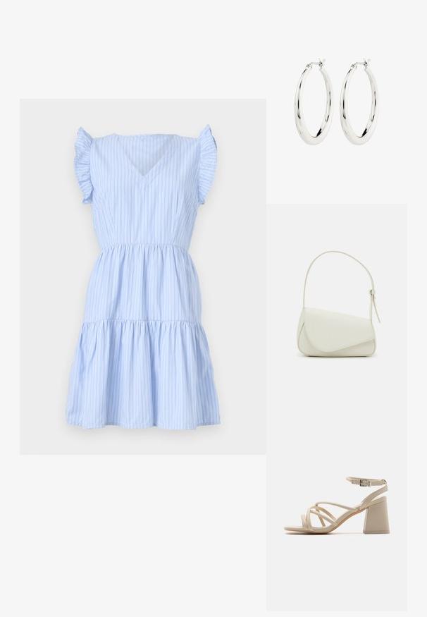 Robe rayée bleu clair avec un col en V, des manches courtes à volants, une taille cintrée et une jupe à volants. Fabriquée dans un tissu doux et léger.; Sandales à talons beiges avec des brides entrecroisées, une boucle à la cheville et un talon carré pour plus de stabilité. Texture lisse semblable au cuir.; Sac à main en cuir synthétique blanc avec une forme triangulaire structurée, une bandoulière unique réglable et un rabat à courbes accentuées.; Boucles d'oreilles créoles en argent avec une finition lisse et brillante. Forme circulaire, dotée d'un fermoir sécurisé. Design simple et élégant.