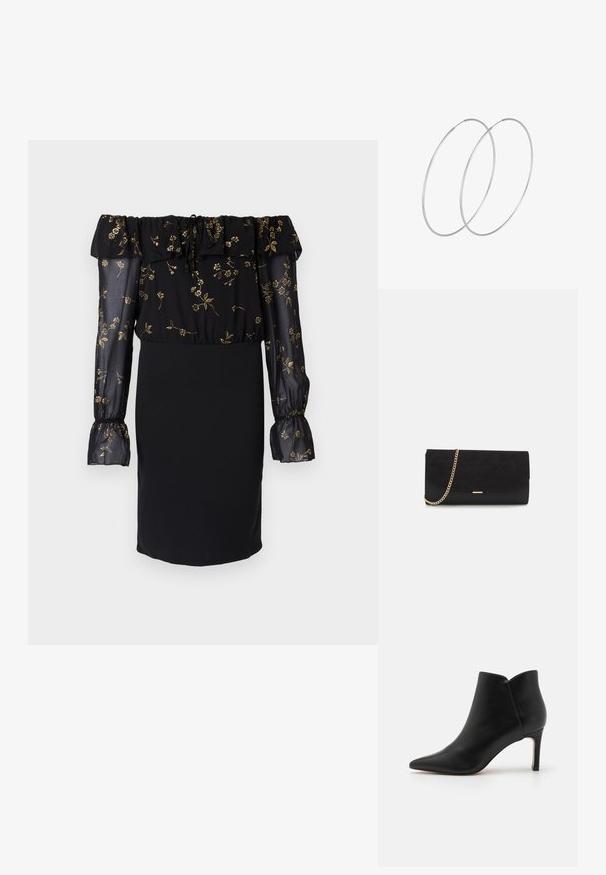 Sorte kjole med off-the-shoulder design, gennemsigtige ærmer med blomsterprint og en tætsiddende nederdel. Udsmykket med flæse-detaljer.; Sorte læder ankelstøvler med spidse tæer, smal design og stiletthæl, der har en unik bølgeformet åbning ved anklen.; Sort clutch taske lavet af ruskind med en struktureret overflade, udstyret med en guld kædestrop og et elegant, kantet design.; Sølvøreringe med et minimalistisk design. Cirkulær form, glat tekstur og tynd profil. Letvægtige med en poleret overflade.