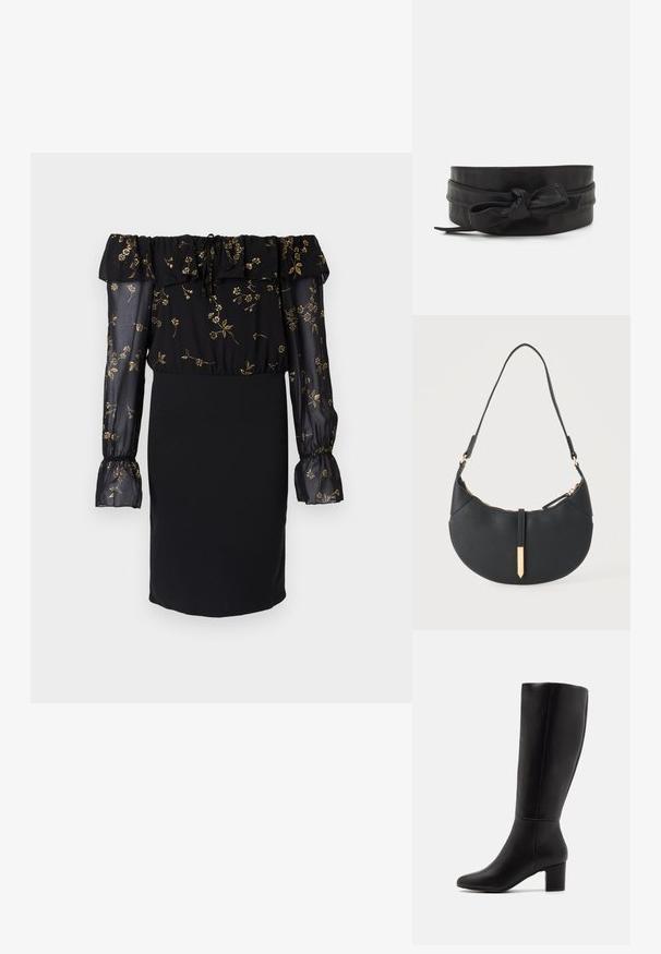 Sorte kjole med off-the-shoulder design, gennemsigtige ærmer med blomsterprint og en tætsiddende nederdel. Udsmykket med flæse-detaljer.; Anna Field by Zalando Høje støvler/ Støvler - black; Sort håndtaske formet som en halvmåne med en enkelt rem, guld lynlås og en guldfarvet rektangulær dekorativ fane foran.; Sort læderbælte med en glat overflade, bred bånddesign, der har en knyttet accent foran og en simpel, slank form.