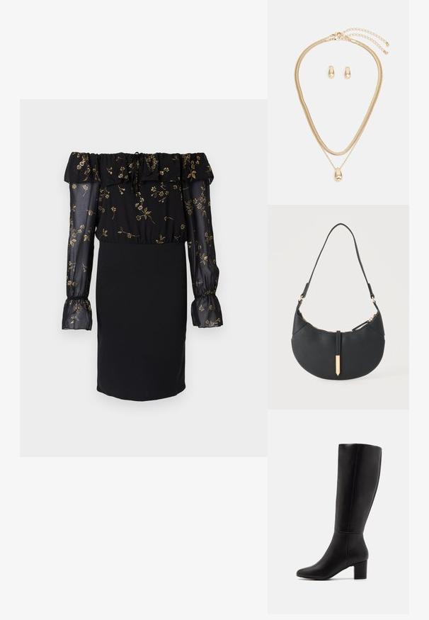 Vestido negro con diseño descubierto en los hombros, mangas transparentes con patrón floral y falda ajustada. Detallado con acentos de volantes.; Anna Field by Zalando Botas - black; Bolso negro en forma de media luna con una sola correa, cremallera dorada y una lengüeta decorativa rectangular dorada en la parte delantera.; Conjunto de joyería de oro que incluye un collar de capas con un colgante en forma de gota y pendientes de botón a juego, todo con un acabado pulido.