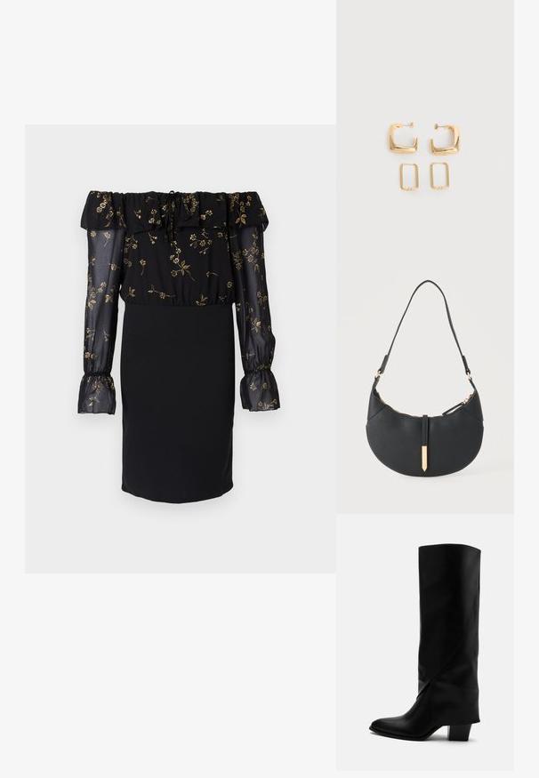 Sorte kjole med off-the-shoulder design, gennemsigtige ærmer med blomsterprint og en tætsiddende nederdel. Udsmykket med flæse-detaljer.; Høj sort læderstøvle med skråt syning, spids tå og kraftig mellemhøj hæl på hvid baggrund.; Sort håndtaske formet som en halvmåne med en enkelt rem, guld lynlås og en guldfarvet rektangulær dekorativ fane foran.; To par guldfarvede geometriske hoop-øreringe på en ensfarvet hvid overflade, et par firkantede og solide, et par rektangulære og hule.
