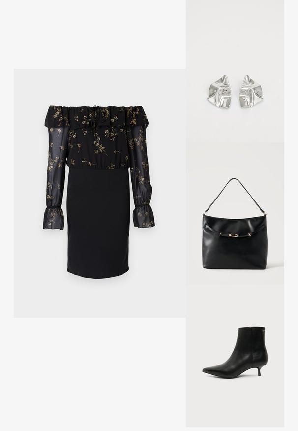 Sorte kjole med off-the-shoulder design, gennemsigtige ærmer med blomsterprint og en tætsiddende nederdel. Udsmykket med flæse-detaljer.; Sort læder ankelstøvle med spids tå og lav kitten hæl på lys baggrund, der viser yderside.; Sort skuldertaske i læder med en enkel strop og en lille guldlåsdetalje foran mod en ensfarvet lys baggrund.; Sølvmetal øreringe med et bølgende, skulpturelt design, der har en poleret overflade og uregelmæssige former, hvilket fremhæver en moderne æstetik.