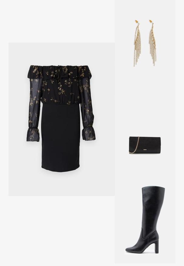Vestido negro con diseño descubierto en los hombros, mangas transparentes con patrón floral y falda ajustada. Detallado con acentos de volantes.; Botas de cuero negras hasta la rodilla con un diseño elegante, punta afilada y tacón cuadrado de 10 cm, que presentan detalles de costura sutiles.; Bolso de mano negro hecho de ante con un acabado texturizado, que presenta una cadena dorada y un diseño elegante y angular.; Pendientes en tono dorado que presentan cadenas en cascada adornadas con rhinestones transparentes, con un acento de cuentas ámbar en la parte superior. Diseño largo y texturizado.
