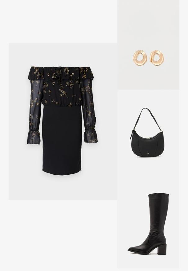 Must mustraga koos õlgu paljastava disainiga, läbipaistvad lillemustriga varrukad ja istuv seelik. Rikkalikult volangidega kaunistatud.; Zign by Zalando LEATHER - Saapad - black; Must läikivast mustast nahast käsipastest, millel on kumer kuju, tekstuuriga pind, eesmine õmblus ja kuldse tooni logo. Varustatud ühe reguleeritava rihmaga.; Paari ebatavalise kujuga, poleeritud kuldse tooniga metallist rõngakujulisi kõrvarõngaid avatud keskel, tavalise valge taustaga.