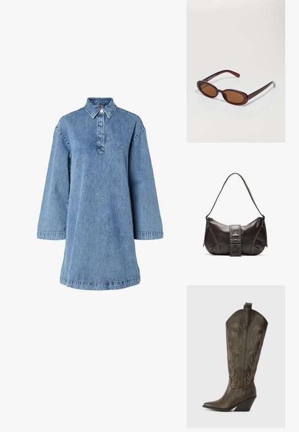 Lysblå denimkjole med spids krave, lange ærmer og knaplukning. Har en afslappet pasform og struktureret stof.; Brune læder cowboystøvle med spids tå, kilehæl og dekorativ broderi. Har en høj stok og en trækflap.; Runde, bruntonede solbriller med en glansfuld bordeauxramme. Slanke arme med diskret brandingdetalje. Flad linsedesign.; Brun læder skuldertaske med en buet form, der har et fremtrædende spænde, kontrasterende syninger og en enkelt skulderrem.