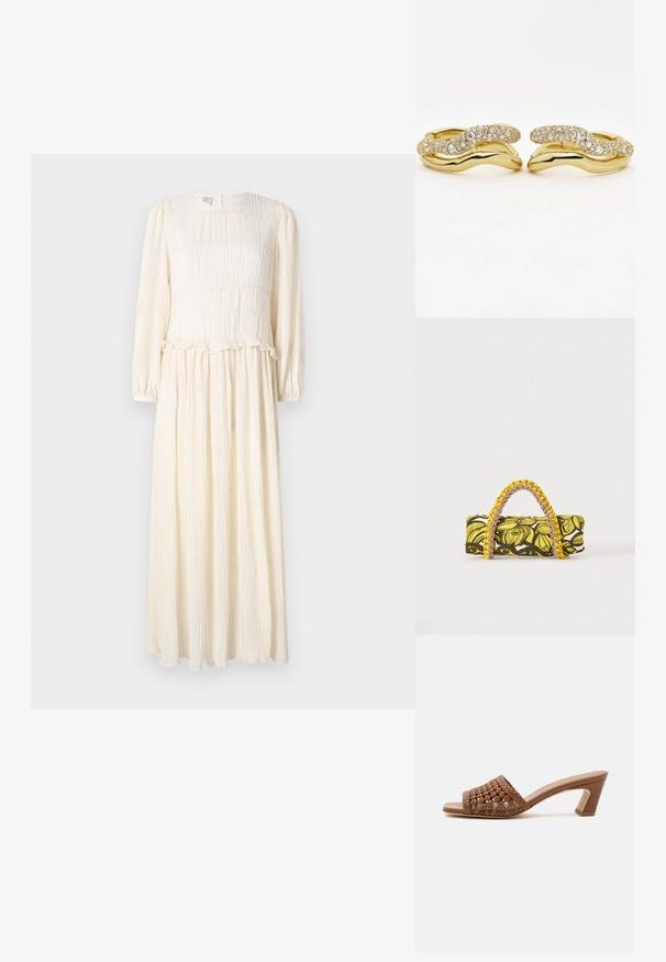 Robe longue de couleur crème avec des manches longues, tissu texturé, corsage froncé et ourlet à volants. Design léger et fluide.; Mule tissée marron à bout ouvert avec un talon bloc et un design slip-on sur fond blanc uni.; Sac rectangulaire avec motif floral jaune et noir et anse tressée jaune et rose sur fond blanc.; Paire de boucles d'oreilles créoles en or avec des bandes ondulées lisses et serties de diamants entrelacées, présentées côte à côte sur fond blanc.
