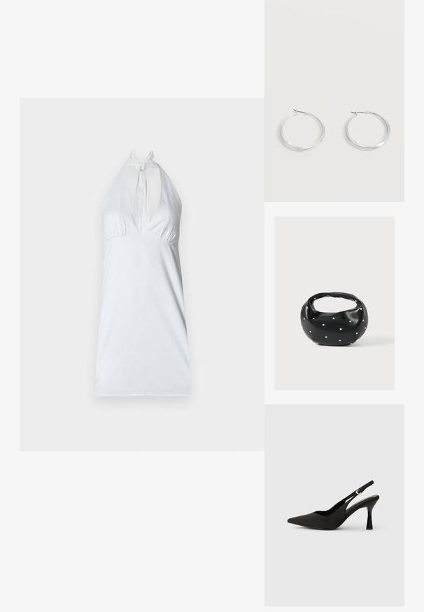 Λευκό halter top με βαθύ V-λαιμό, συσσωρευμένη λεπτομέρεια κάτω από το στήθος και ρυθμιζόμενο δέσιμο στον λαιμό. Λείο υφή, μινιμαλιστικός σχεδιασμός.; Μαύρες γόβες slingback με μυτερή μύτη, λεία ματ επιφάνεια και κομψό γυαλιστερό τακούνι. Ρυθμιζόμενη λουρί με μικρή λεπτομέρεια αγκράφας.; Μαύρη δερμάτινη τσάντα χειρός με στρογγυλεμένο σχήμα, διακοσμημένη με ασημένιες λεπτομέρειες με καρφιά και κοντή λαβή. Λείο υλικό και κλείσιμο με φερμουάρ.; Ασημένια μεταλλικά σκουλαρίκια κρίκοι με λεία, ελαφρώς κυρτή επιφάνεια και κλειδαριά τύπου latch-back σε απλό λευκό φόντο.