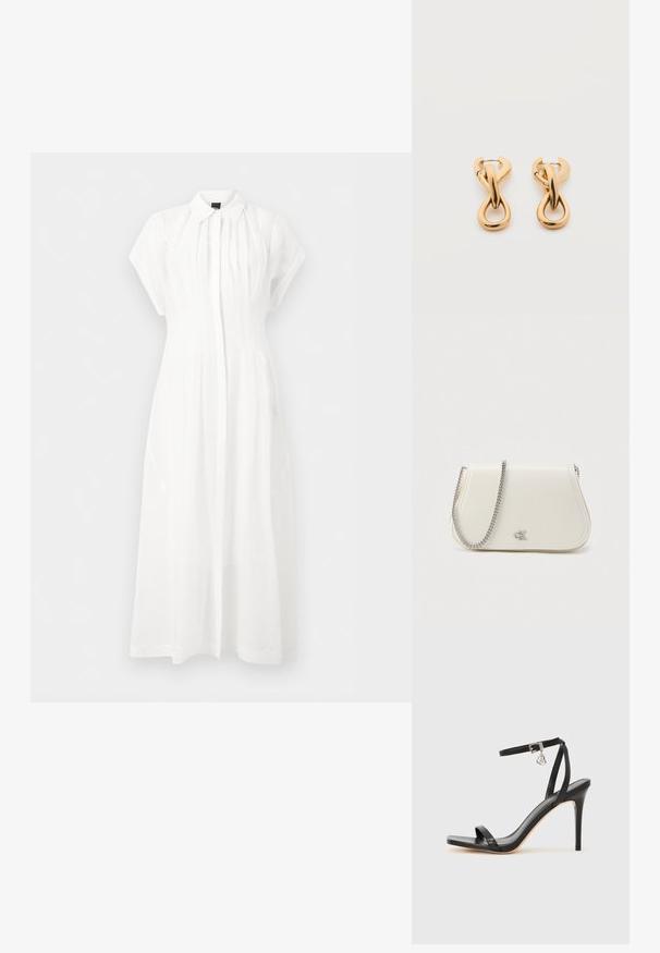Robe midi blanche à manches courtes avec col à revers, plis avant et fermeture boutonnée dissimulée, présentée sur un fond uni.; Sandale à talon haut noire avec une bride étroite à la cheville, bout carré, cuir lisse et accent de boucle métallique.; Sac à main en cuir blanc à la forme structurée, avec une bandoulière en chaîne argentée et un logo embossé subtil à l'avant.; Paire de boucles d'oreilles créoles en bouclettes dorées brillantes sur fond blanc uni, présentant un design torsadé entrelacé.