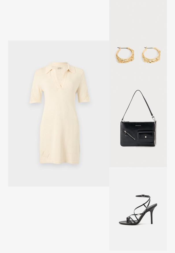 Robe tricotée crème à manches courtes avec col, encolure en V et détails tricotés subtils sur les manches et près de l'ourlet.; Sandale noire à talons hauts avec des brides fines, une boucle à la cheville, une surface en cuir lisse et un talon aiguille élancé.; Sac à bandoulière en cuir noir Michael Kors avec fermeture éclair supérieure, poche avant zippée en diagonale, poche à rabat avec bouton-pression et détail en chaîne argentée.; Paire de boucles d’oreilles créoles couleur or avec embossage floral et feuillage orné sur un fond neutre.