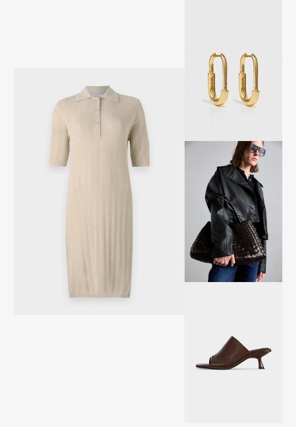 Strik creme kjole med korte ærmer, polo krave og knaplukning. Har et struktureret mønster, der løber lodret langs stoffet.; Mørkebrun læder mule med åben tå, lav buet hæl og slip-on design mod hvid baggrund.; DRAGON DIFFUSION SANTA CROCE BIG - Håndtasker - dark brown; Guld metal hoop øreringe med en forlænget oval form, der har en glat, poleret overflade og et lille hængsel til fastgørelse.
