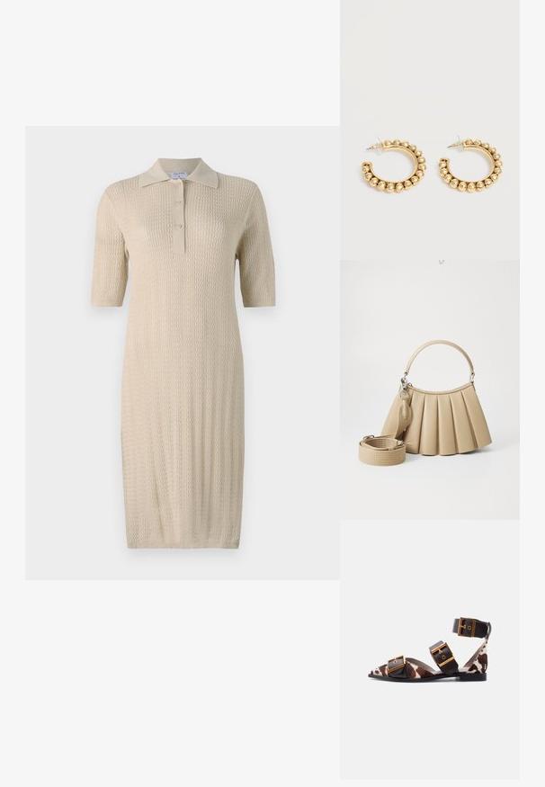 Robe tricotée crème à manches courtes, col polo et patte de boutonnage. Présente un motif texturé courant verticalement le long du tissu.; Sandale plate à bout pointu avec imprimé vache marron et blanc, bretelles en cuir noir et trois grandes boucles dorées, dont une autour de la cheville.; Lacoste LENGLEN BAG - Sac à main - viennois; Paire de boucles d’oreilles créoles dorées avec des détails de perles arrondies le long du bord extérieur sur un fond clair.