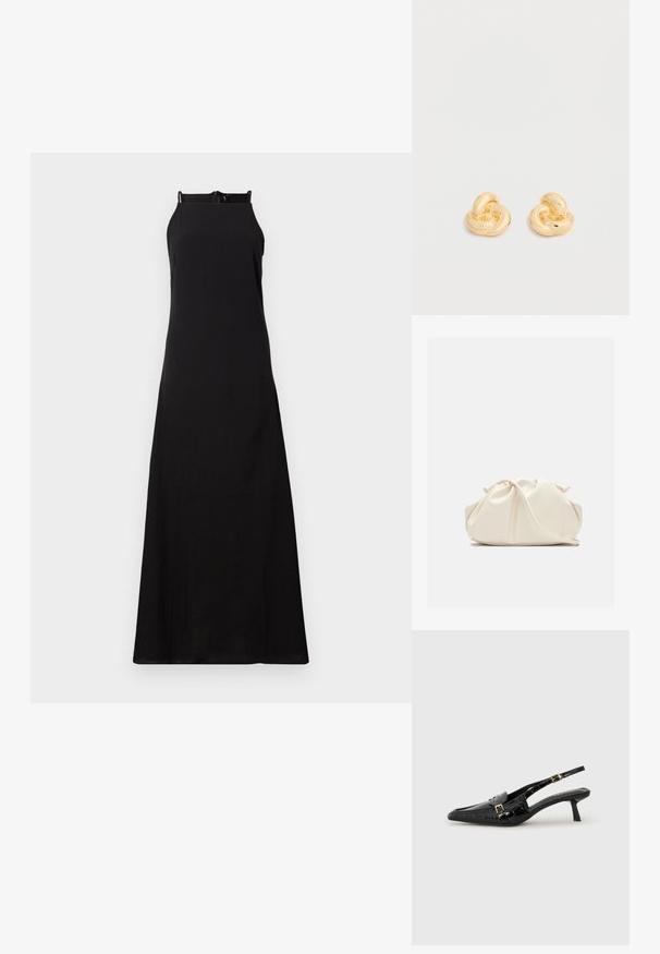 Robe maxi noire sans manches avec une coupe droite, dotée d'un col haut et d'une fermeture éclair au dos, fabriquée dans un tissu lisse et léger.; Escarpins slingback en cuir verni noir avec bout pointu, texture crocodile, accents de boucles dorées et talon bas.; Pochette en cuir souple couleur crème avec un design froncé et une fine bandoulière reposant à l’avant sur un fond uni.; Paire de clous d'oreilles en forme de nœud, couleur or brillant, sur un fond blanc uni.