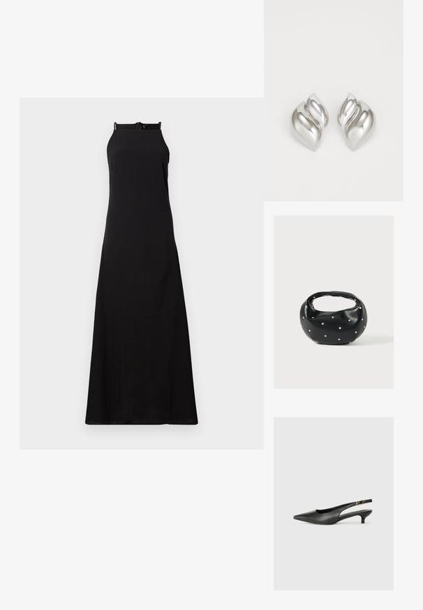 Robe maxi noire sans manches avec une coupe droite, dotée d'un col haut et d'une fermeture éclair au dos, fabriquée dans un tissu lisse et léger.; Chaussure slingback noire à bout pointu en cuir lisse. Présente un talon fin et un détail de boucle sur la sangle réglable.; Sac à main en cuir noir de forme arrondie, décoré de clous argentés et équipé d'une poignée courte. Texture lisse et fermeture éclair.; Boucles d'oreilles en argent avec une forme organique et abstraite. Surface lisse et brillante avec un design effilé. Présente des courbes subtiles et un détail central en ligne.