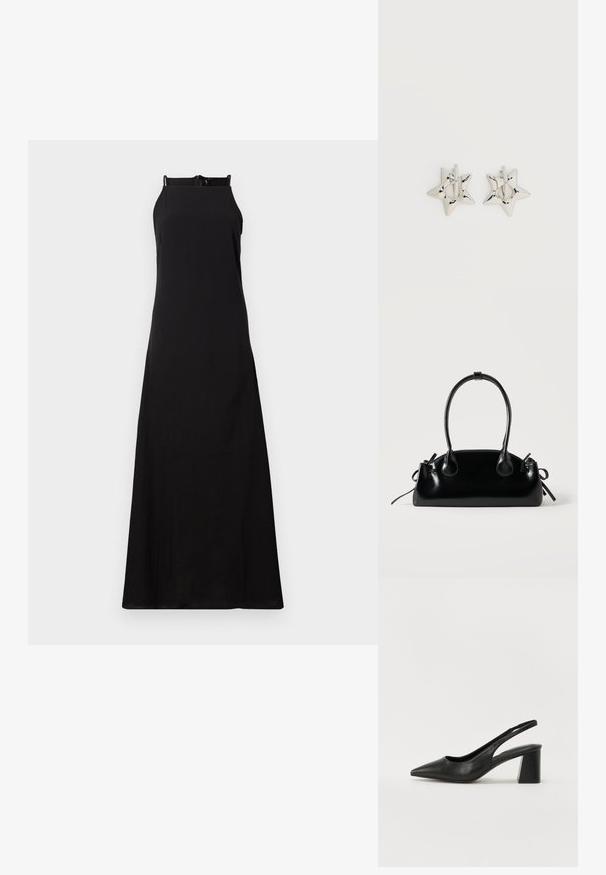 Must mustrõngas must maksikleid, sirge lõikega, millel on kõrge kaelus ja tagumine tõmblukk, valmistatud siledast, kergekaalulisest kangast.; Mustad nahast slingback kontsad terava ninaga ja ploki kontsaga. Omab lõikekujundust ja sileda tekstuuri, minimalistlik ja moodne.; Väike must läikiv käekott kahe pika sangaga ja külgedel paelakinnitustega, ühel lihtsal helel taustal.; Hõbedast tähekujulised rõngaskõrvarõngad, millel on sile ja poleeritud viimistlus, tavalise valge taustaga.