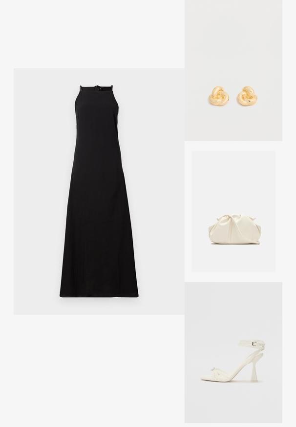 Must mustrõngas must maksikleid, sirge lõikega, millel on kõrge kaelus ja tagumine tõmblukk, valmistatud siledast, kergekaalulisest kangast.; Köitmine kõrge kontsaga sandaal valgest nahast, millel on stiilne disain, läbipaistev plokk-konts ja dekoratiivne element varvaste juures.; Pehme kergelt kreemikas nahast klapi-tüüpi kott kokkutõmmatud volditud disainiga ning õhuke õlarihm ees rahuldaval taustal.; Paar läikiva kullatooni sõrmusega sõrmuskujulisi kõrvarõngaid ühel lihtsal valgel taustal.