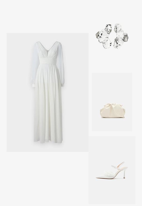 Lang witte jurk met een V-hals, een aansluitende taille en een vloeiende rok. Heeft lange doorschijnende mouwen en een ritssluiting op de rug. Soepele textuur.; Witte pumps met spitse neus, hoge hak en slingback met enkelbandje, voorzien van decoratieve parel- en kantversiering aan de voorkant.; Zachte, crèmekleurige leren clutch met geplooid, gerimpeld ontwerp en een dunne schouderriem die vooraan op een effen achtergrond ligt.; Cluster van zes onregelmatig gevormde, doorschijnende en reflecterende glasachtige stukken die zijn gerangschikt op een witte achtergrond.