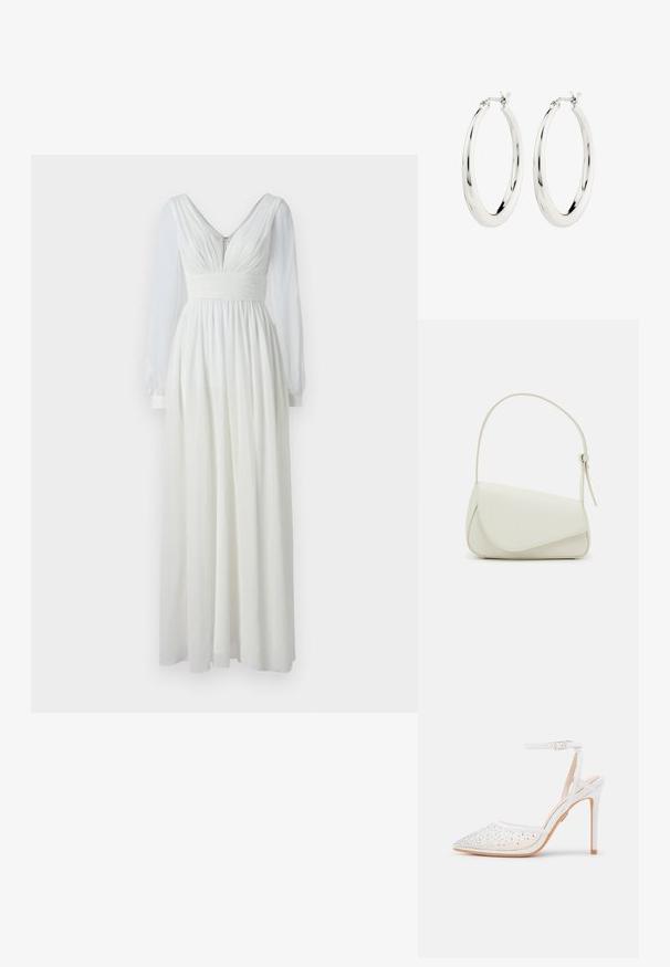 Vestido largo blanco con escote en V, cuerpo ajustado y falda fluida. Presenta largas mangas transparentes y un cierre en la parte posterior. Textura suave.; Zapato de tacón alto blanco con punta afilada, con una parte superior transparente adornada con strass y una correa en el tobillo.; Bolso de mano de imitación cuero blanco con una forma triangular estructurada, correa ajustable única y cierre con solapa acentuada en curva.; Pendientes de aro de plata con un acabado suave y brillante. Forma circular, con un cierre seguro. Diseño sencillo y elegante.