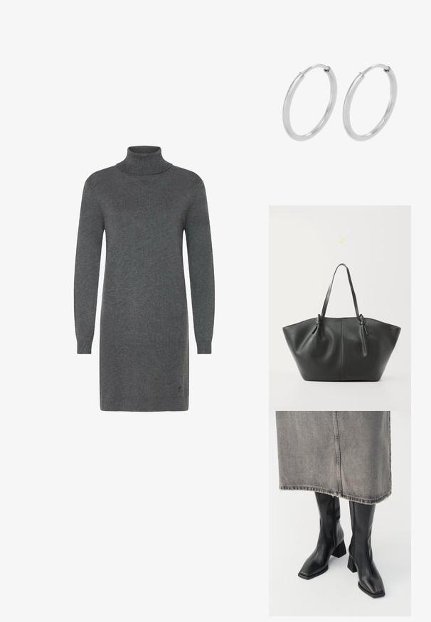 Robe en col roulé gris en matériau tricot doux. Elle présente des manches longues, une silhouette ajustée et un logo discret près de l'ourlet.; Bottes noires montantes en cuir lisse avec un bout carré et un talon bloc. Portées avec une jupe en denim grise à l'ourlet effiloché.; Vero Moda VMDITTA - Cabas - black; Boucles d'oreilles en argent, de forme circulaire, avec une texture lisse et brillante, et une largeur constante. Design minimaliste sans accents supplémentaires.