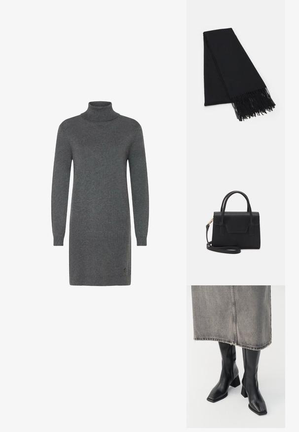 Robe en col roulé gris en matériau tricot doux. Elle présente des manches longues, une silhouette ajustée et un logo discret près de l'ourlet.; Bottes noires montantes en cuir lisse avec un bout carré et un talon bloc. Portées avec une jupe en denim grise à l'ourlet effiloché.; Even&Odd Écharpe - black; Sac à main structuré noir en cuir avec une poignée supérieure, une bandoulière détachable et un détail à rabat à l'avant. Accents en matériel doré.