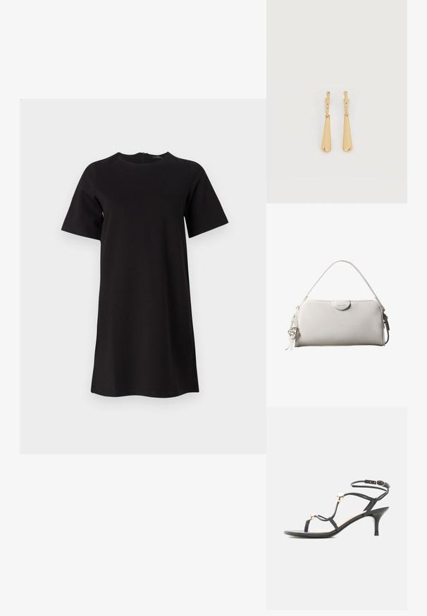 Robe noire à manches courtes avec un col rond et une fermeture éclair au dos. Design simple en tissu doux, tombant jusqu'au milieu de la cuisse.; Sandale noire à fines lanières et talon moyen, ornée de perles dorées et d'une bride de cheville avec boucle sur fond blanc.; Sac à main rectangulaire blanc Calvin Klein avec une seule poignée, design minimaliste et pampilles décoratives avec un charm métallique géométrique sur le côté.; Boucles d'oreilles pendantes en ton or avec des pendentifs lisses en forme de goutte allongée suspendus à de petites attaches en forme d'anneau sur un fond blanc.