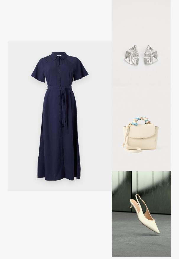 Marineblå, kortærmet kjole med knaplukning, krave og en bånd i taljen. Lavet af glat stof med en flydende maxilængde.; Beige slingbacks til kvinder med spids tå og lav kitten-hæl, der svæver over en grå gulv med en sløret mørk baggrund.; Cremefarvet håndtaske med klaplukning, aftagelig skulderrem og snoet blå og cremefarvet blomstret stof viklet omkring det øverste håndtag.; Sølvmetal øreringe med et bølgende, skulpturelt design, der har en poleret overflade og uregelmæssige former, hvilket fremhæver en moderne æstetik.