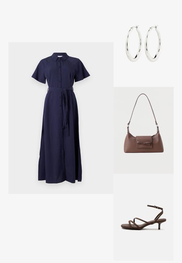 Vestido azul marino de manga corta con botones en la parte delantera, cuello y cintura con lazo. Hecho de una tela suave con largo maxi fluido.; Sandalia marrón de tacón alto con tiras finas cruzadas y una correa en el tobillo con una hebilla plateada sobre un fondo blanco.; Bolso bandolera de cuero marrón con un bolsillo frontal de solapa que presenta un detalle de moño cosido y una correa ajustable.; Pendientes de aro de plata con un acabado suave y brillante. Forma circular, con un cierre seguro. Diseño sencillo y elegante.