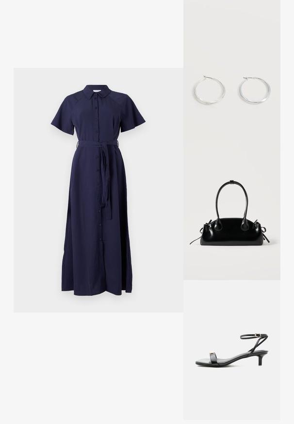 Vestido azul marino de manga corta con botones en la parte delantera, cuello y cintura con lazo. Hecho de una tela suave con largo maxi fluido.; Sandalia de cuero negro con punta abierta, tacón bajo tipo ‘‘kitten’’, tirante fino en el tobillo con hebilla dorada y detalle decorativo dorado en la tira delantera.; Pequeño bolso negro brillante con dos asas largas y detalles de cordón lateral sobre un fondo claro liso.; Pendientes de aro de metal plateado con superficie lisa y ligeramente curvada y cierre de tipo mosquetón sobre un fondo blanco liso.