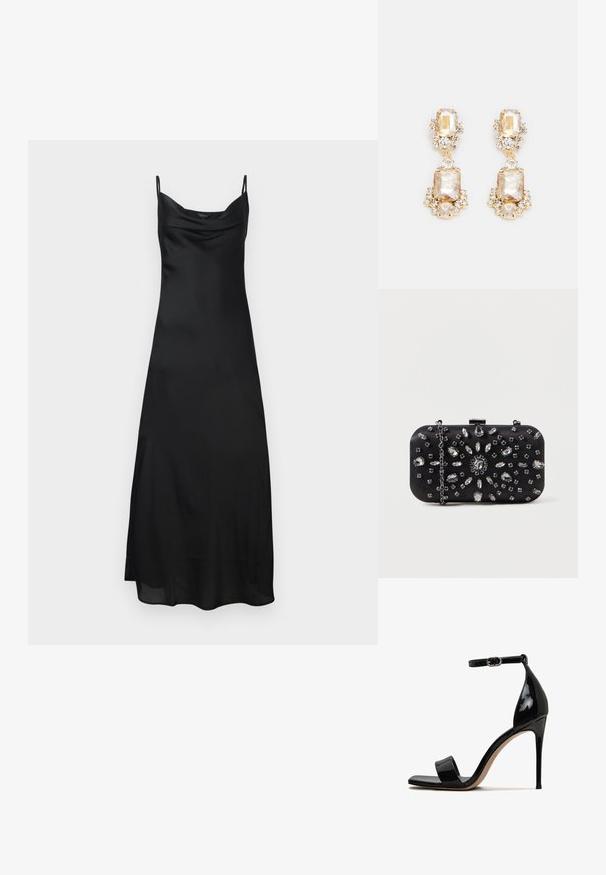 Vestido de satén negro sin mangas con tirantes finos, escote en cowl y una silueta fluida. La tela tiene una textura suave y brillante.; Sandal de charol negro con tacón alto, punta abierta, correa en el tobillo y un acabado brillante y elegante. Presenta un tacón de stiletto delgado.; Clutch negro de forma rectangular, decorado con varios strass en un patrón floral, con una cadena plateada para llevar.; Pendientes de gota en tono dorado que presentan grandes cristales rectangulares y redondos transparentes, con piedras de acento más pequeñas, creando un diseño en capas.
