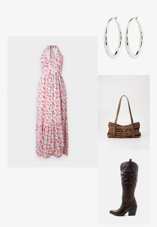 Bloemrijke maxi-jurk met halternek ontwerp, kleurrijk rood en blauw bloemendessin op een lichte achtergrond, met een gelaagde rok.; Lange donkerbruine leren cowboylaars met gestikte decoratieve patronen, spitse neus en gestapelde blokhak.; Even&Odd Handtas - brown; Zilveren creool oorbellen met een gladde, reflecterende oppervlak. Ronde, grote vorm met een veilige sluiting aan de bovenkant. Gepolijste afwerking toont de glans.