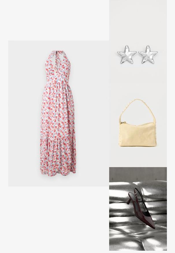 Blomster maxi kjole med halterneck design, farverigt rødt og blåt blomster mønster på en lys baggrund, med en tiered nederdel.; Blank mørkerød slingback højhælet sko med spids tå, vist på en skinnende sølvfarvet polstret læderoverflade.; Lille beige læderhåndtaske med en enkelt rem og sølvnitter langs kanterne og remmen, sat mod en ensfarvet baggrund.; Sølvstjernede øreringe med en poleret, blank overflade. Hver ørering har fem spidser og subtile teksturdetaljer på overfladen.