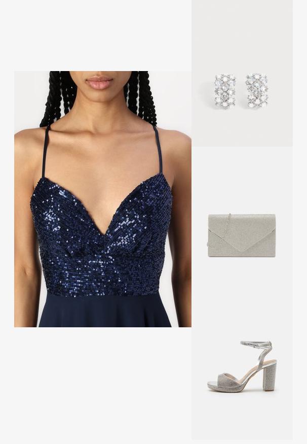 Robe bleu marine avec un décolleté en V, ornée de sequins sur le corps et de fines bretelles. La jupe s'évase doucement depuis la taille.; Sandales à talons hauts en argent avec un bout ouvert, ornées de strass étincelants et d'un large talon bloc. Bride ajustable pour la cheville incluse.; Pochette argent métallique au design d'enveloppe, ornée d'un motif texturé, avec une chaîne amovible.; Paire de boucles d'oreilles ton argent avec plusieurs cristaux clairs facettés disposés en motif géométrique.