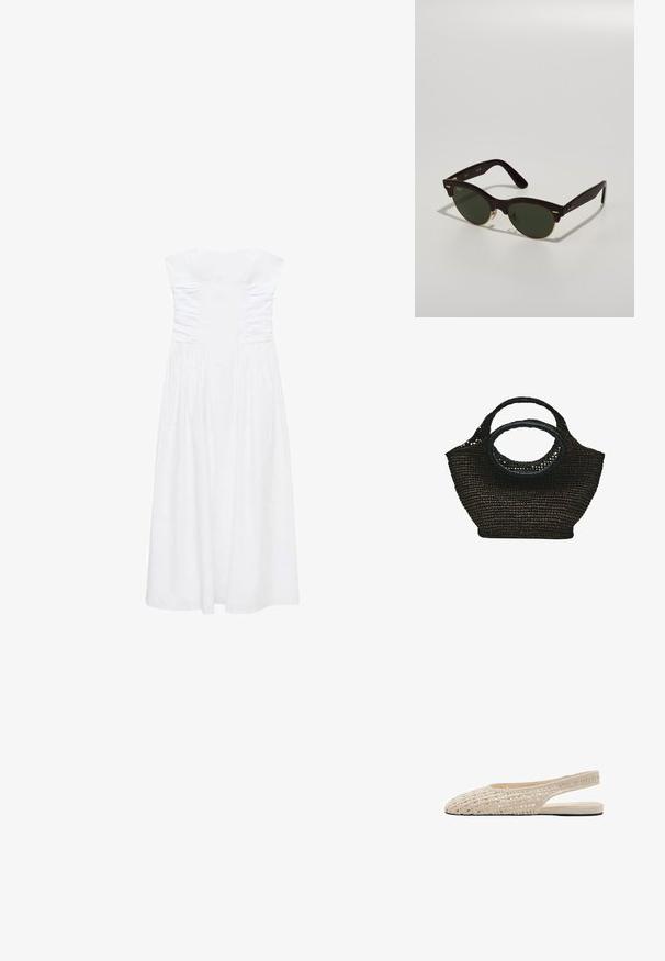 Hvid stropløs midi-kjole med rynkede detaljer på overdelen og en flydende nederdel. Glat tekstur med et enkelt, elegant design.; Beige flad slingback sko med vævet overdel og spids tå, med åben hæl og tynd sål.; Skildpaddemønstrede solbriller med grønne linser, vintage form, tynde guldhardwaredetaljer og et elegant rammedesign.; Sort vævet håndtaske med to runde håndtag, et større og et mindre, lavet af naturligt fibermateriale.