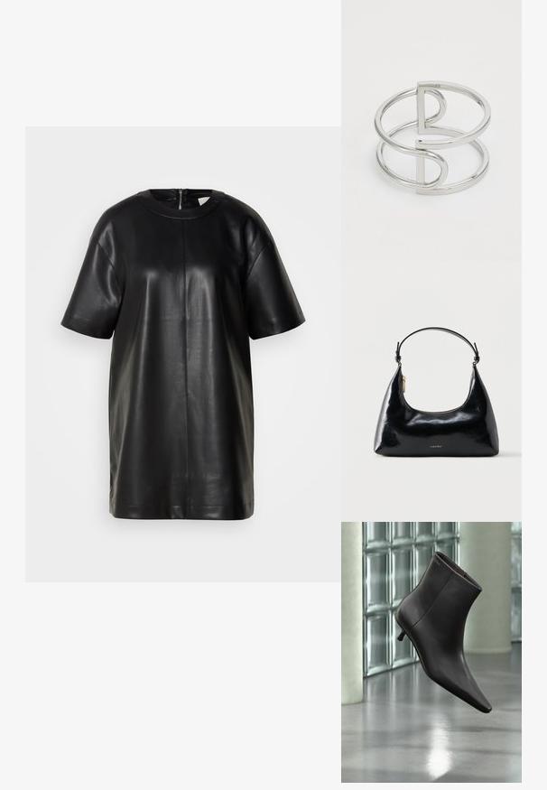 Haut en cuir noir à manches courtes avec encolure ronde et fermeture éclair au dos. Présente une texture lisse et une silhouette simple.; Bottine en cuir noir avec bout pointu et petit talon, présentée devant un mur en blocs de verre et un sol poli.; Sac à main Calvin Klein noir brillant avec fermeture éclair dorée et anse courte sur fond blanc uni.; Bracelet en métal argenté avec un design à double boucle, fini lisse et brillant, et un accent géométrique minimaliste.