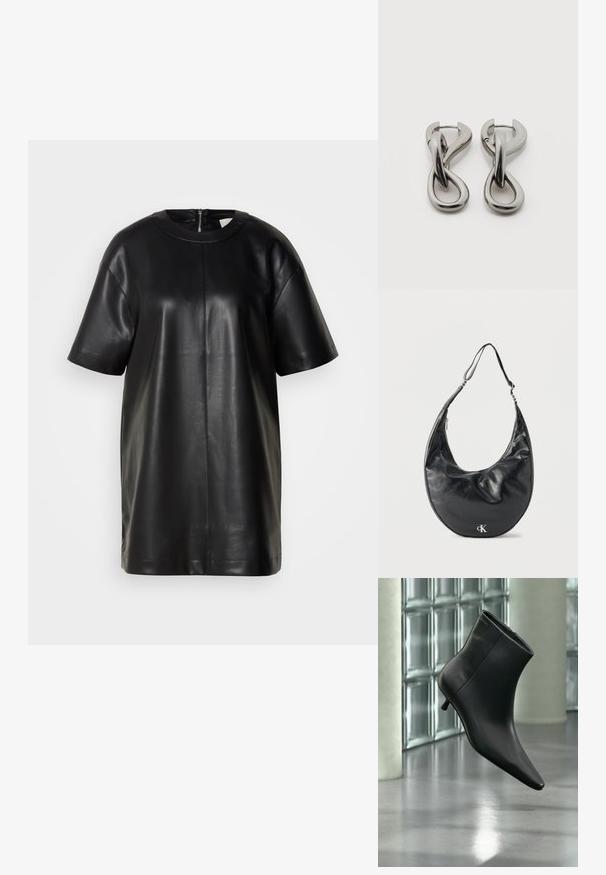 Haut en cuir noir à manches courtes avec encolure ronde et fermeture éclair au dos. Présente une texture lisse et une silhouette simple.; Bottine en cuir noir à bout pointu et petit talon kitten, présentée en angle devant un sol poli et un mur en blocs de verre.; Sac d'épaule en cuir noir en forme de croissant avec une sangle ajustable et un logo argenté « cK » à l'avant, sur fond blanc.; Paire de boucles d'oreilles en métal argenté avec un motif abstrait d'anneaux entrelacés sur fond blanc.