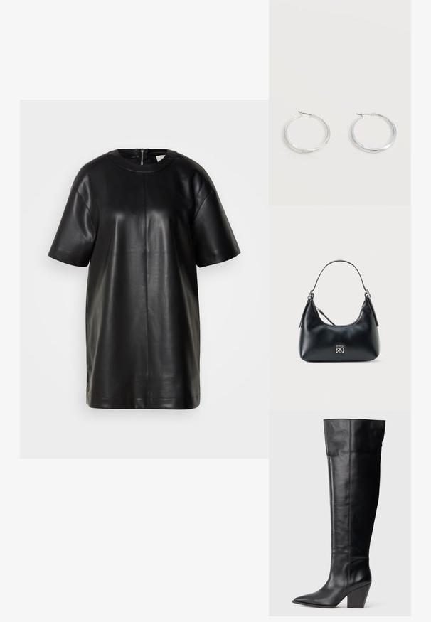 Zwart leren top met korte mouwen, een ronde halslijn en een ritssluiting aan de achterkant. Heeft een gladde textuur en een eenvoudige silhouet.; Hoge zwarte leren laars met een spitse neus en een hoge, schuine blokhak, voorzien van verticale stiksels langs de schacht.; Zwarte leren schoudertas met een enkele handgreep, ritssluiting en een klein vierkant zilveren logo op de voorkant.; Zilverkleurige metalen creolen oorbellen met een glad, licht gebogen oppervlak en sluitingen met haaksluiting op een effen witte achtergrond.