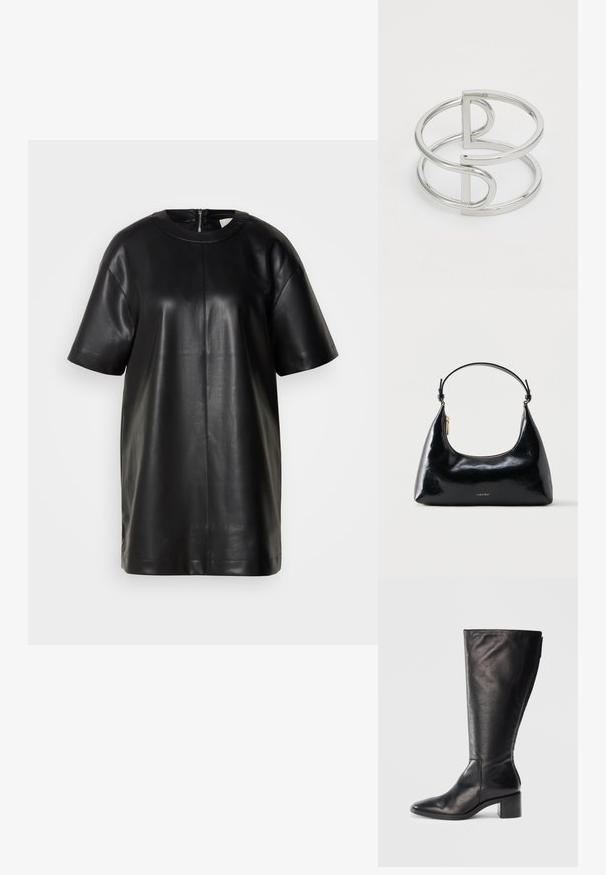 Zwart leren top met korte mouwen, een ronde halslijn en een ritssluiting aan de achterkant. Heeft een gladde textuur en een eenvoudige silhouet.; Zwarte leren kniehoog laars met een vierkante neus, blokhak en slank ontwerp. Gladde textuur met een zijrits voor gemakkelijke instap.; Zwarte glanzende Calvin Klein handtas met gouden rits en korte band tegen een effen witte achtergrond.; Zilveren metalen armband met een dubbel-lusontwerp, voorzien van een gladde, glanzende afwerking en een minimalistisch geometrisch accent.