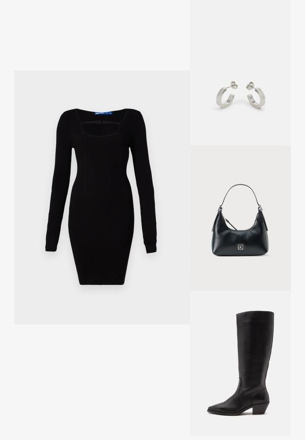Karl Lagerfeld Jeans LOGO DRESS - Neulemekko - black; Musta keskisääreen ulottuva nahkasaapas, jossa on terävä kärkiosa ja matala vino korko yksinkertaisella vaalealla taustalla.; Musta nahkainen olkalaukku, jossa on yksi kahva, vetoketjukiinnitys ja pieni neliön muotoinen hopea logo etupuolella.; Hopeva ripustettavat korvakorut, joissa on hopeinen metallinen, tekstuurihoitoinen muotoilu. Niissä on pieni postikiinnitys ja brändäys yhdellä hoopilla. Pyöristetty muoto ja kiiltävä pinta.