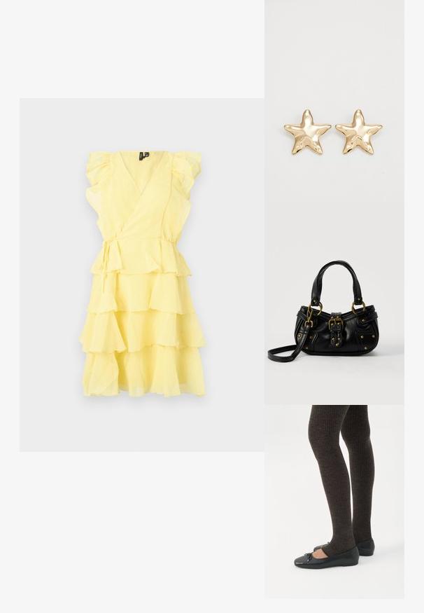 Vestido amarillo ajustado con mangas con volantes y capas en capas, con una cintura ceñida y tejido suave y ligero.; Piernas con leggings oscuros acanalados combinados con bailarinas negras que presentan pequeños detalles de lazo sobre un fondo blanco.; Bolso de cuero negro con hebilla y detalles de remaches dorados, asas cortas y una correa de hombro ajustable sobre un fondo blanco liso.; Pendientes en forma de estrella dorada con un acabado suave y brillante y un diseño tridimensional, que presentan cinco puntas y una textura ligeramente curvada.