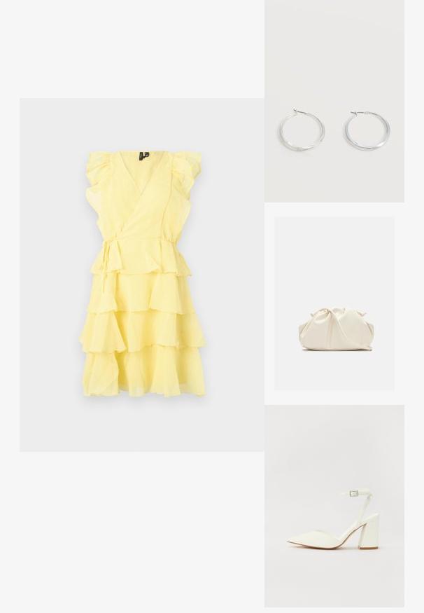 Vestido amarillo ajustado con mangas con volantes y capas en capas, con una cintura ceñida y tejido suave y ligero.; Sandalia blanca de tacón con puntera afilada, correa ajustable en el tobillo y un tacón cuadrado grueso. Textura lisa con detalles de costura mínimos.; Bolso de mano de cuero suave de color crema con diseño fruncido y plisado y una delgada correa para el hombro que descansa delante sobre un fondo liso.; Pendientes de aro de metal plateado con superficie lisa y ligeramente curvada y cierre de tipo mosquetón sobre un fondo blanco liso.