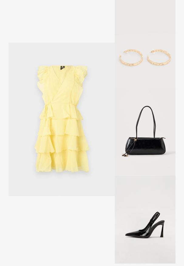 Gelbes Wickelkleid mit rüschierten Ärmeln und gestuften Lagen, mit tailliertem Bund und weichem, leichtem Stoff.; Schwarze Lackleder Slingback-Pumps mit spitzem Zehenbereich, schlankem hohen Absatz und doppeltem elastischen Riemen für einen sicheren Sitz. Glatte, glänzende Oberfläche.; Schwarze rechteckige Handtasche mit zwei langen Trägern, goldfarbenem Ringdetail und Reißverschluss auf hellem, einfarbigem Hintergrund.; Creolen in Goldoptik mit unregelmäßigem Wellenmuster und eingelassenen klaren Kristallakzenten, befestigt mit Kunststoffrücken.