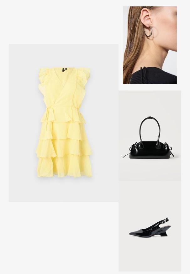 Vestido amarillo ajustado con mangas con volantes y capas en capas, con una cintura ceñida y tejido suave y ligero.; Zapato slingback de cuero charol negro con puntera puntiaguda y tacón bajo en bloque inclinado sobre fondo claro liso.; Pequeño bolso negro brillante con dos asas largas y detalles de cordón lateral sobre un fondo claro liso.; Pendiente de aro de plata con un acabado pulido, que presenta pequeños detalles en dorado y una forma redonda, llevado en el lóbulo.