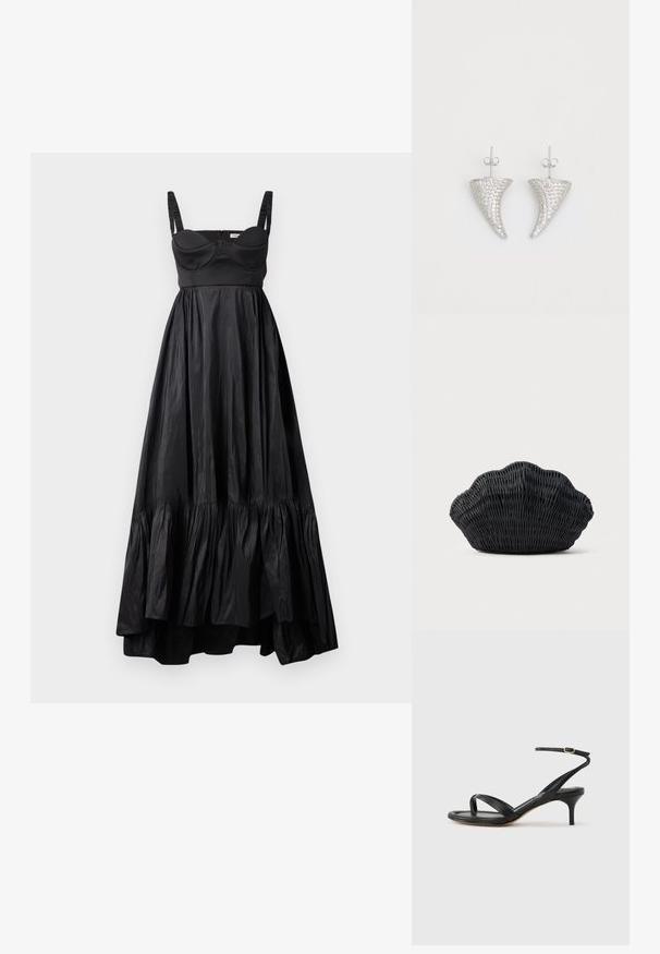 Schwarzes Maxikleid aus glattem Stoff, mit einer taillierten Oberseite, einem Rüschensaum und verstellbaren Schulterträgern.; Schwarze Ledersandale für Damen mit dünnen Riemchen, einer Zehenlasche, einer Knöchelschnalle und einem mittelhohen Stöckelabsatz vor neutralem Hintergrund.; Schwarze Korbtasche in Muschelform mit gebogenem Oberteil und gewebter Textur auf einfarbigem Hintergrund.; Silberne, hornförmige Ohrringe, besetzt mit kleinen klaren Steinen, mit einem Steckverschluss zur Befestigung. Glatte Textur und metallisches Finish.