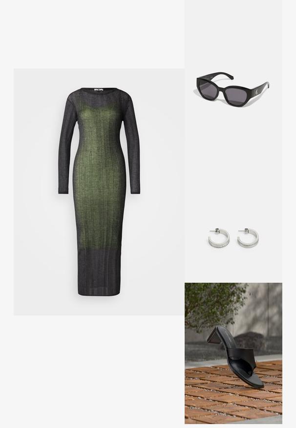 Vestido de manga larga y con relieve, que presenta un degradado de verde oscuro a negro. Está hecho de una tela ligera y texturada. Diseño de largo hasta el suelo.; Sandalia de tacón negra de Calvin Klein con lazo en el dedo sobre un suelo de baldosas de madera al aire libre, cerca de un árbol y un muro de piedra.; Gafas de sol negras con un diseño elegante y angular, lentes oscuros y un logo plateado en contraste en el lateral. Textura de plástico suave.; Pendientes de aro plateados con una superficie lisa y una fila de pequeñas piedras transparentes a lo largo del borde inferior, con cierre de perno.