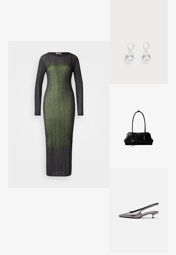 Langärmliges, geripptes Kleid mit einem Farbverlauf von dunkelgrün zu schwarz. Hergestellt aus einem leichten, strukturierten Stoff. Bodenlanger Schnitt.; Metallic-grauer Slingback-Schuh mit spitzer Schuhspitze, niedrigem Kittenabsatz und verstellbarem Riemen auf weißem Hintergrund.; Schwarze Umhängetasche aus krokodilstrukturiertem Leder mit langen Riemen und einem kleinen silbernen Logocharm an einem Riemen.; Silberne Tropfenohrringe mit glatten, runden, reflektierenden Oberflächen, die an Hakenverschlüssen hängen. Der Hintergrund ist reinweiß.