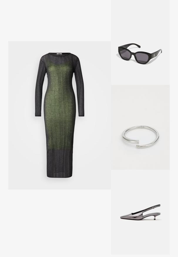 Vestido de manga larga y con relieve, que presenta un degradado de verde oscuro a negro. Está hecho de una tela ligera y texturada. Diseño de largo hasta el suelo.; Zapato slingback gris metálico con punta puntiaguda, tacón bajo tipo kitten y correa ajustable sobre fondo blanco.; Gafas de sol negras con un diseño elegante y angular, lentes oscuros y un logo plateado en contraste en el lateral. Textura de plástico suave.; Calvin Klein SPIRAL - Pulsera - silver-coloured