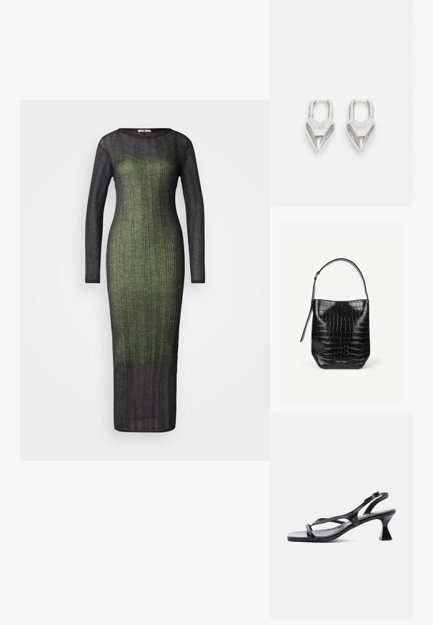 Vestido de manga larga y con relieve, que presenta un degradado de verde oscuro a negro. Está hecho de una tela ligera y texturada. Diseño de largo hasta el suelo.; Sandalia de mujer de cuero negro con tiras finas, punta cuadrada, hebilla ajustable en el tobillo y tacón acampanado de altura media.; Bolso tipo saco de piel negra con relieve de cocodrilo, con una sola correa para el hombro y un pequeño logo de la marca en plata en el centro inferior frontal.; Candados en forma de corazón de plata con inscripciones grabadas de "SÍ" y "NO", acabado pulido, diseño simétrico y un robusto cierre de metal.